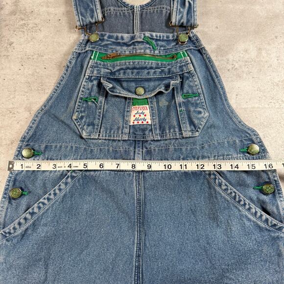 Vintage Lady Liberty denim bib overalls cut off shorts size 8 - Picture 13 of 14